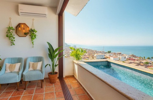 Downtown Puerto Vallarta Apartment | Sunset Sky Loft with Private Pool Panoramic Ocean View Steps to Camarones Beach